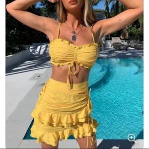 Tiger Mist Colorado two piece ruffle Yellow floral dot top skirt set Small S XS